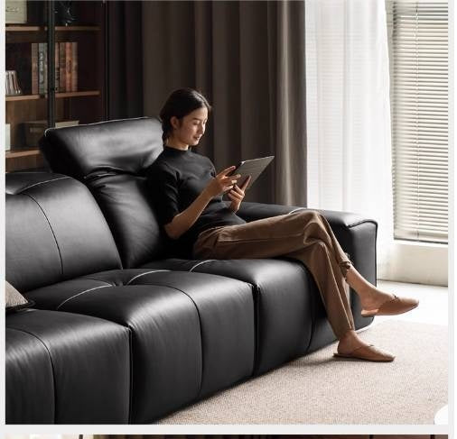 Leather Black High Back Straight Sofa