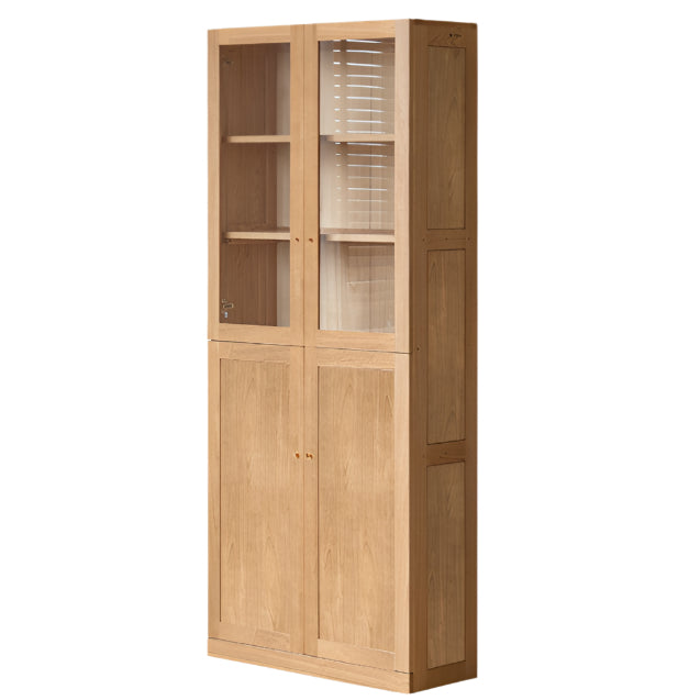 Oak, Rubberwood Solid Wood Bookcase With Glass Doors