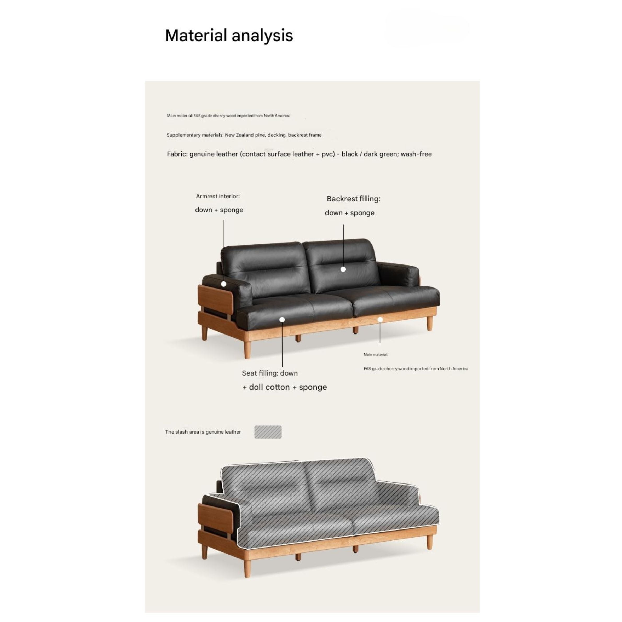 Cherry Solid Wood Modern Leather Sofa