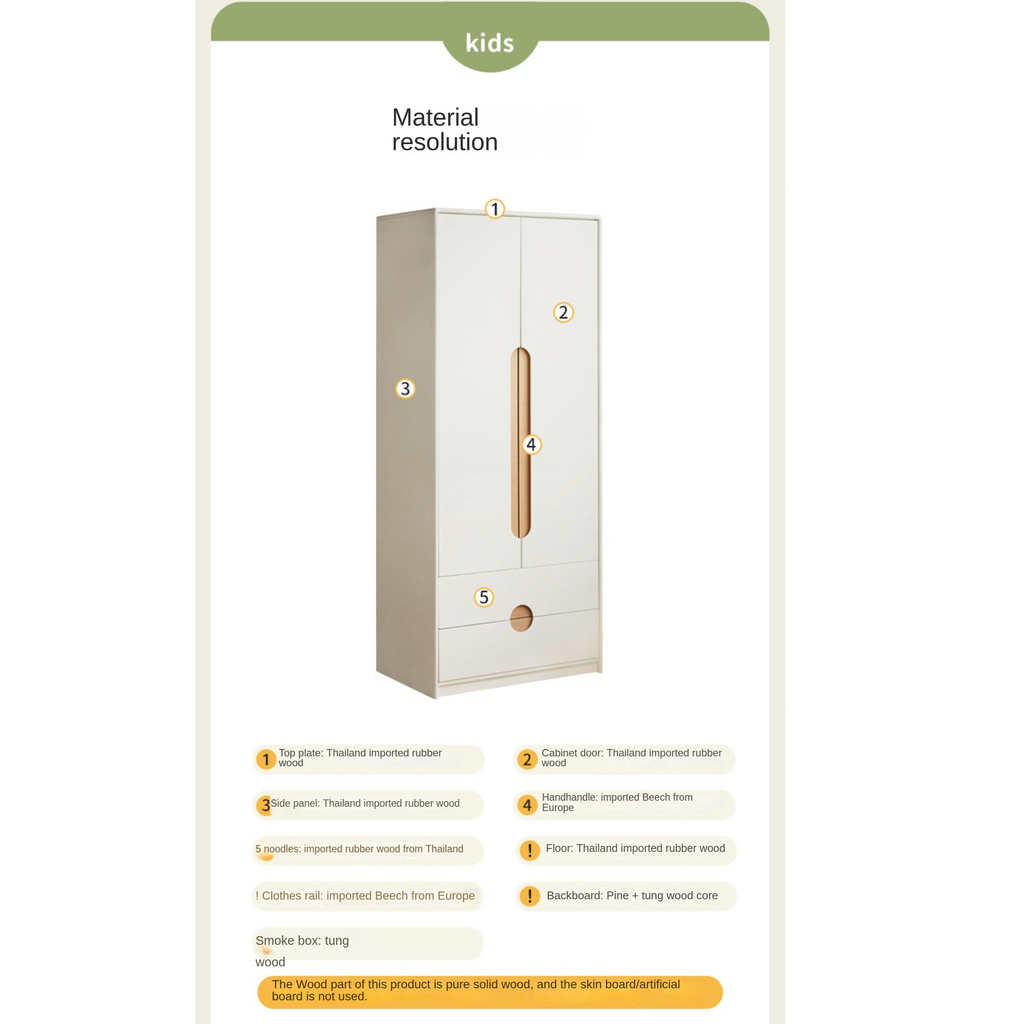 Solid Rubberwood, Beech Solid Wood Children's Wardrobe