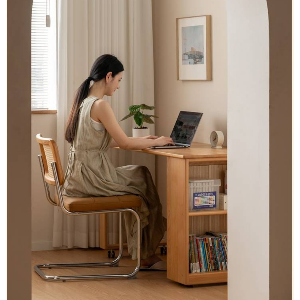 Beech Solid Wood Children's Desk with Pulleys Movable Storage