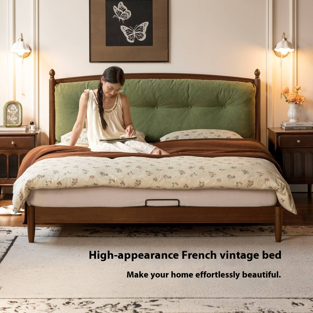 Black Walnut Solid Wood Genuine Leather Soft Bed