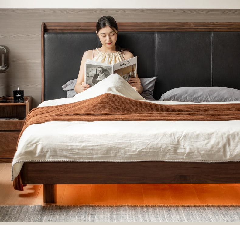 Black Walnut Solid Wood  Luxury Leather With Light Bed
