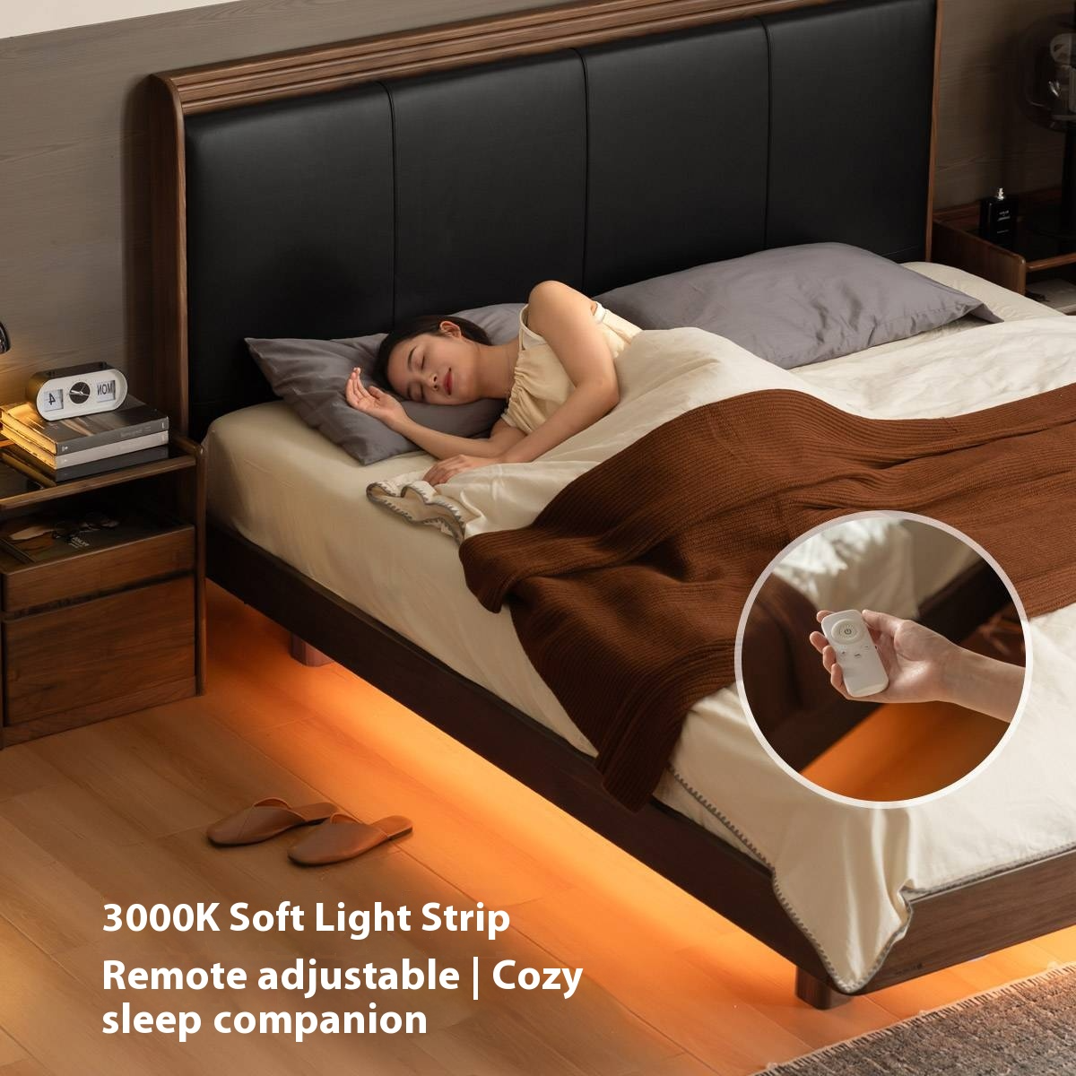 Black Walnut Solid Wood  Luxury Leather With Light Bed