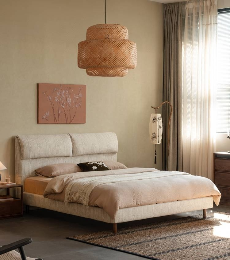 Fabric Beige Soft Bed Modern Style