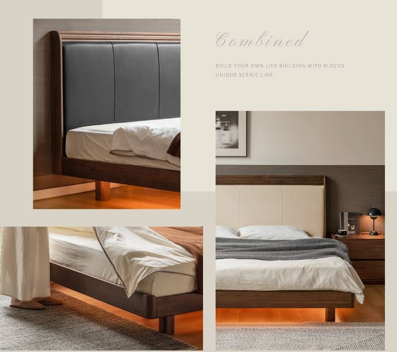 Black Walnut Solid Wood  Luxury Leather With Light Bed