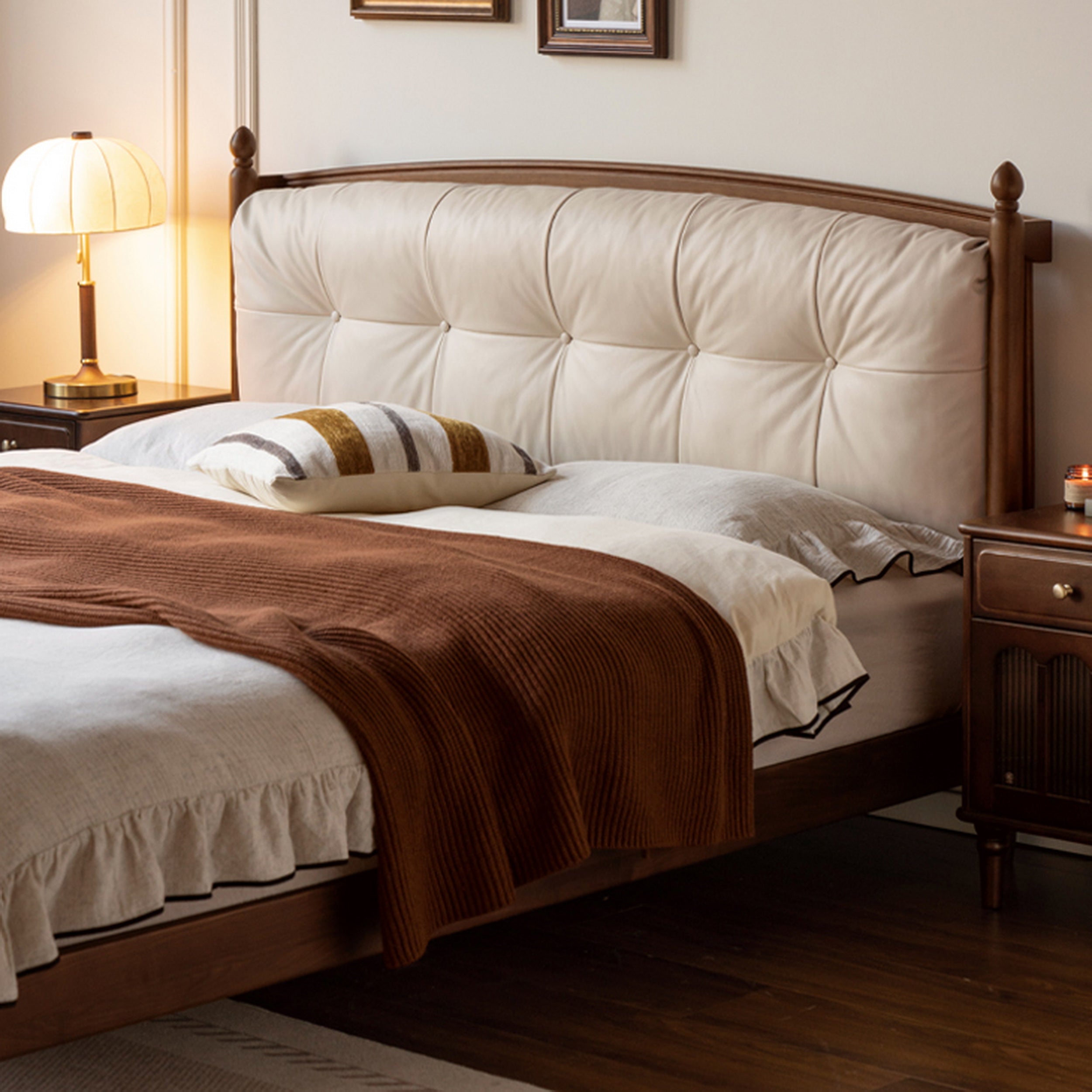 Black Walnut Solid Wood Genuine Leather Soft Bed