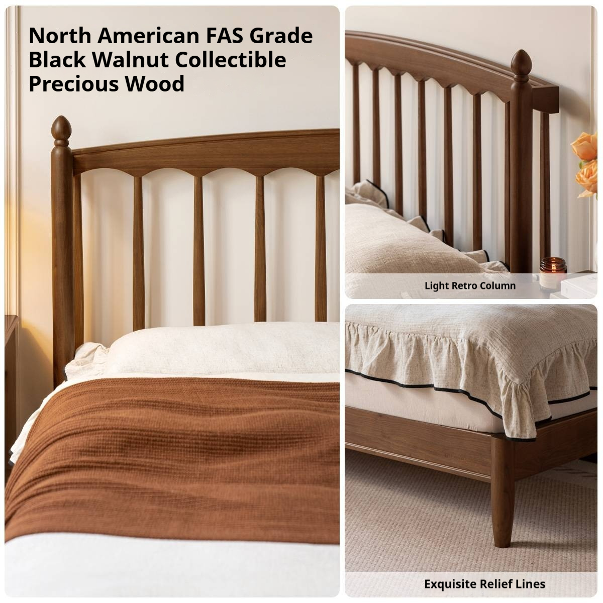 Black Walnut Solid Wood Genuine Leather Soft Bed