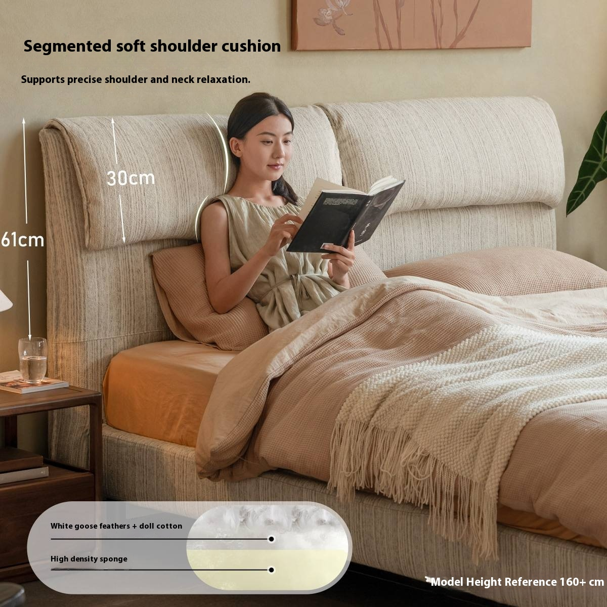 Fabric Beige Soft Bed Modern Style