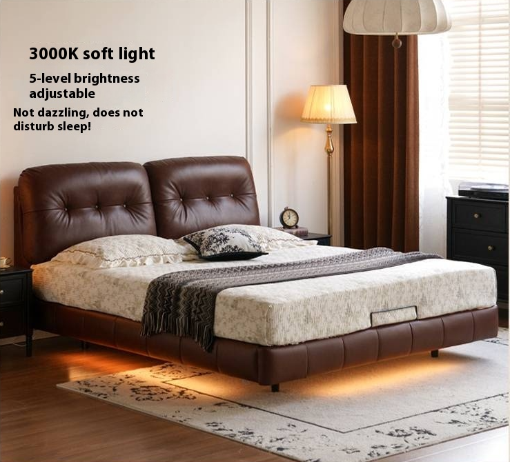 Leather American Retro Bed With Light