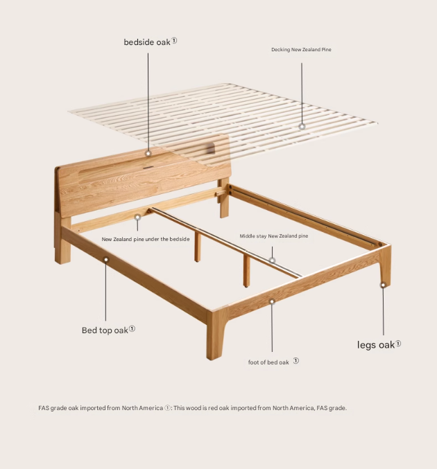 Oak solid wood bed with light and bookshelf
