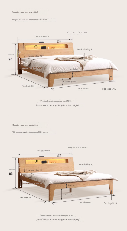 Oak solid wood bed with light and bookshelf