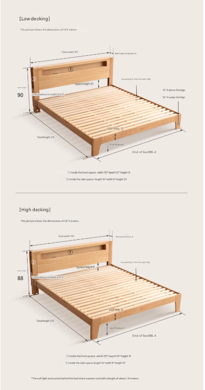 Oak solid wood bed with light and bookshelf