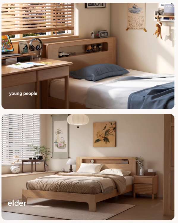 Oak solid wood bed with light and bookshelf