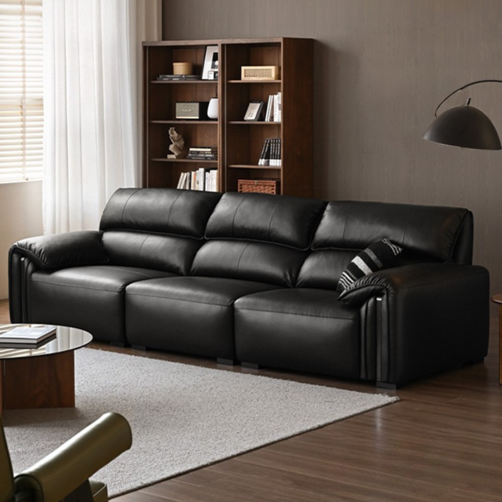 Leather Italian Light Luxury Black Straight Line Sofa.