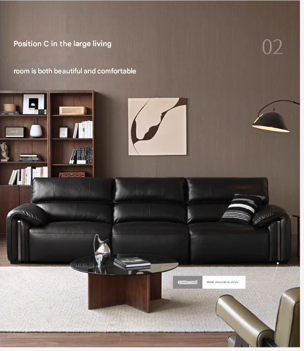 Leather Italian Light Luxury Black Straight Line Sofa.