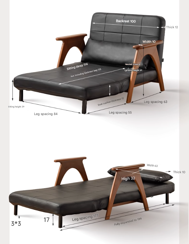 Beech, Oak Solid Wood Foldable Dual Ancient Style Sofa Bed.