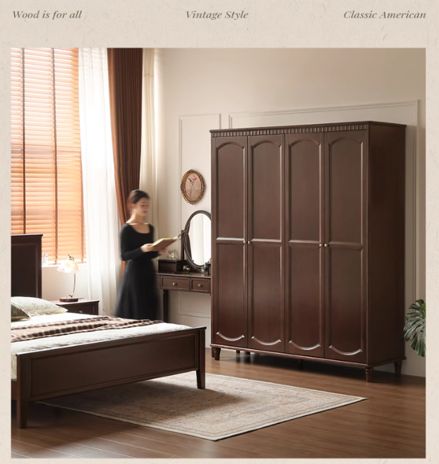 Poplar Solid Wood  American Retro Double Door Wardrobe.