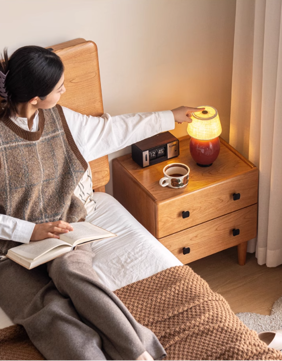Cherry Solid Wood Retro Two Drawn Nightstand