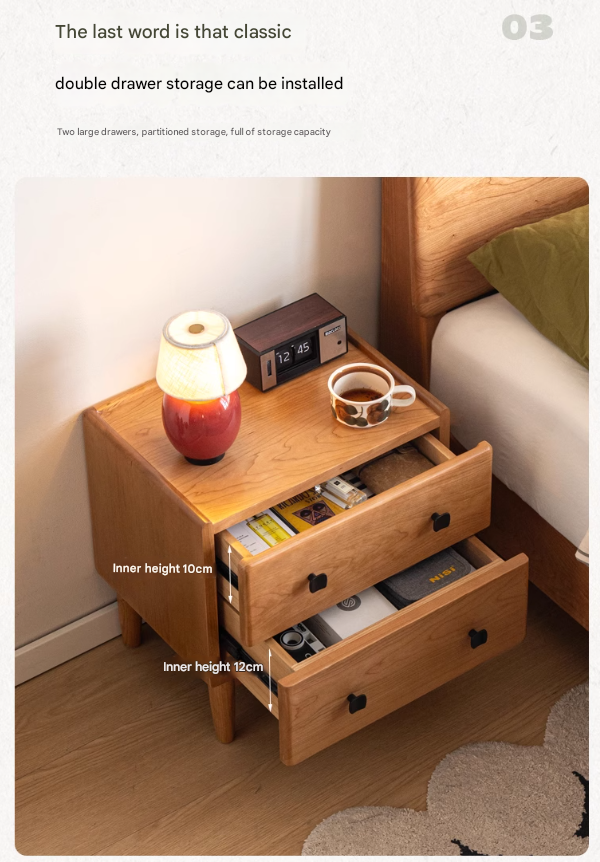 Cherry Solid Wood Retro Two Drawn Nightstand