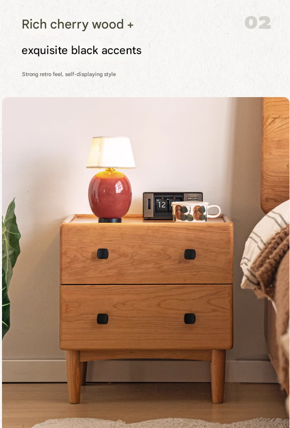 Cherry Solid Wood Retro Two Drawn Nightstand