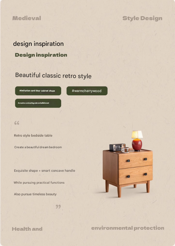 Cherry Solid Wood Retro Two Drawn Nightstand