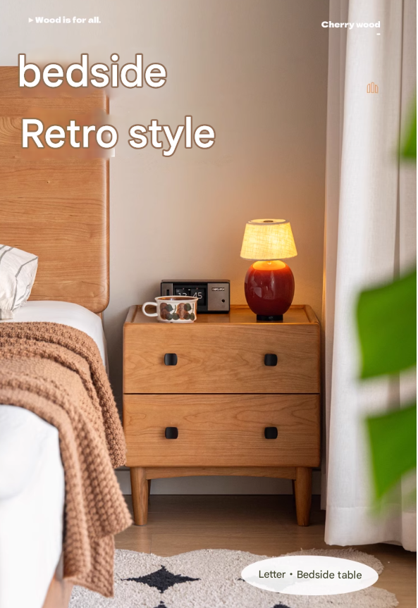 Cherry Solid Wood Retro Two Drawn Nightstand