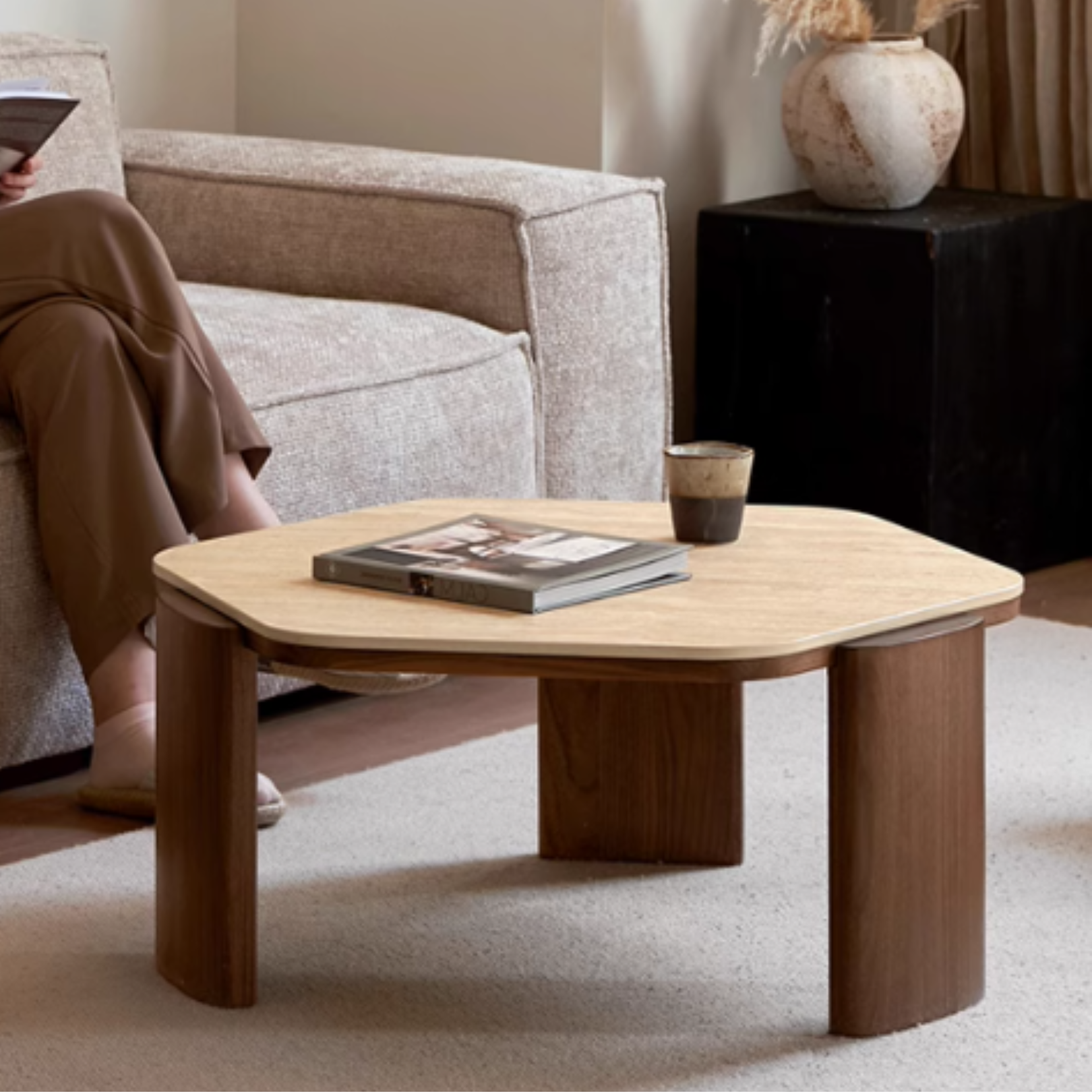 Sandalwood, Black Walnut Solid Wood Rock Plate Coffee Table