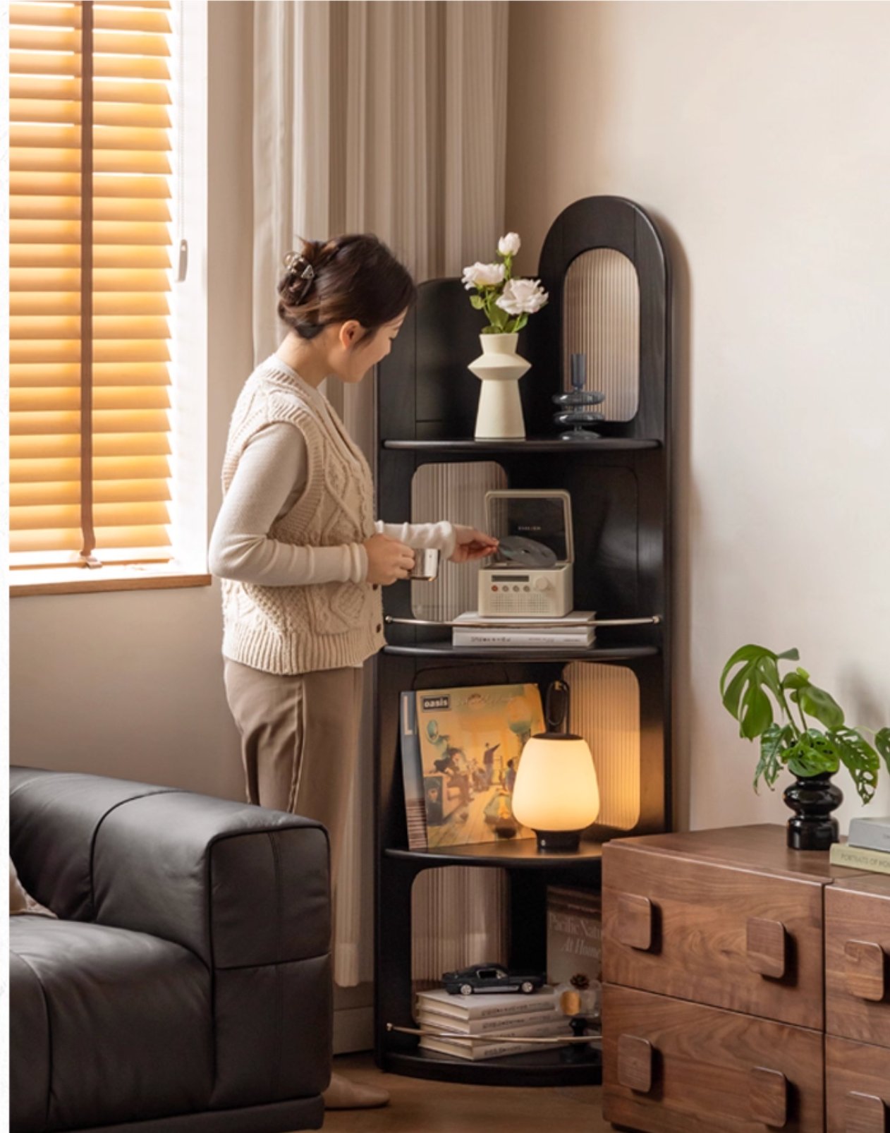 Oak Solid Wood Bauhaus Style Wall Mounted Corner Bookshelf