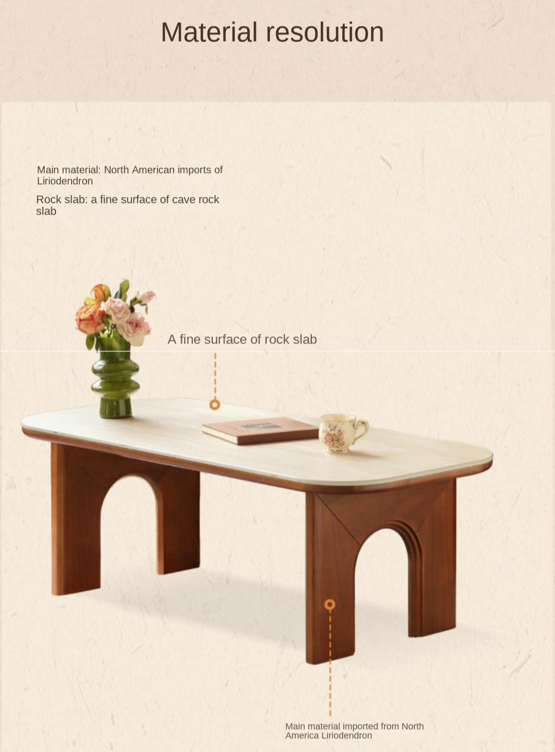 Tulip Solid Wood French Retro Rock Plate Coffee Table.