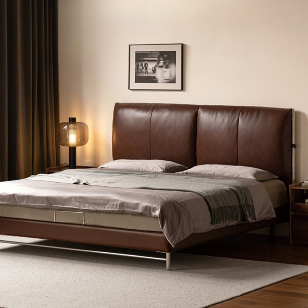 Leather Italian Light Luxury Brown Double Bed