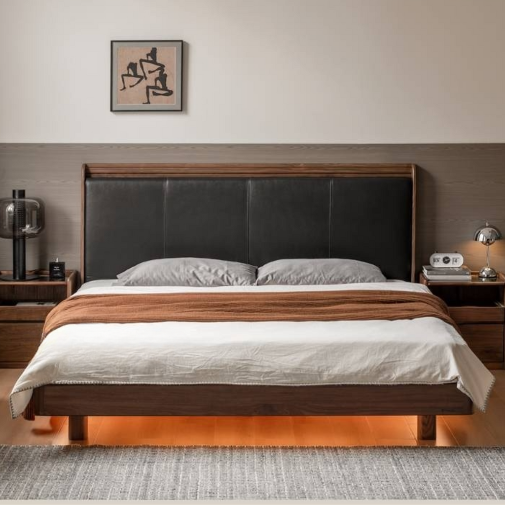 Black Walnut Solid Wood  Luxury Leather With Light Bed