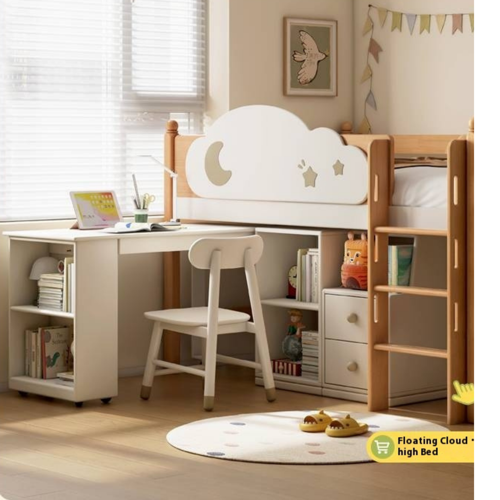 Beech Solid Wood Children's Desk with Pulleys Movable Storage