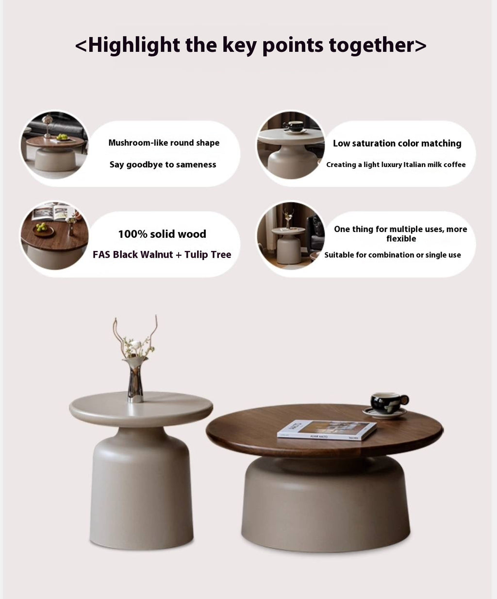 Black Walnut, Poplar Solid Wood Italian Light Luxury Coffee Table Combination