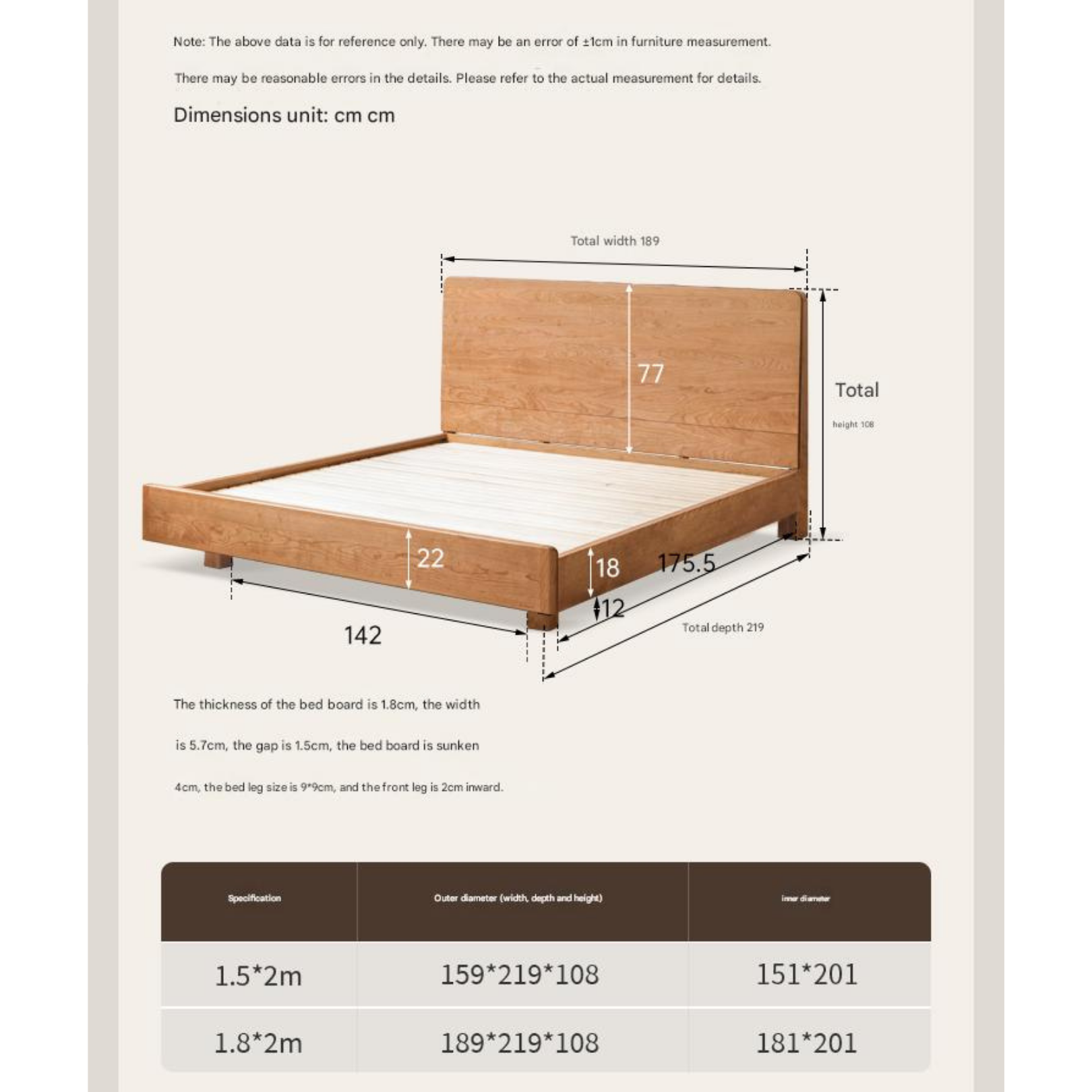 Cherry Solid Wood Modern Multifunctional Night Light Double Bed