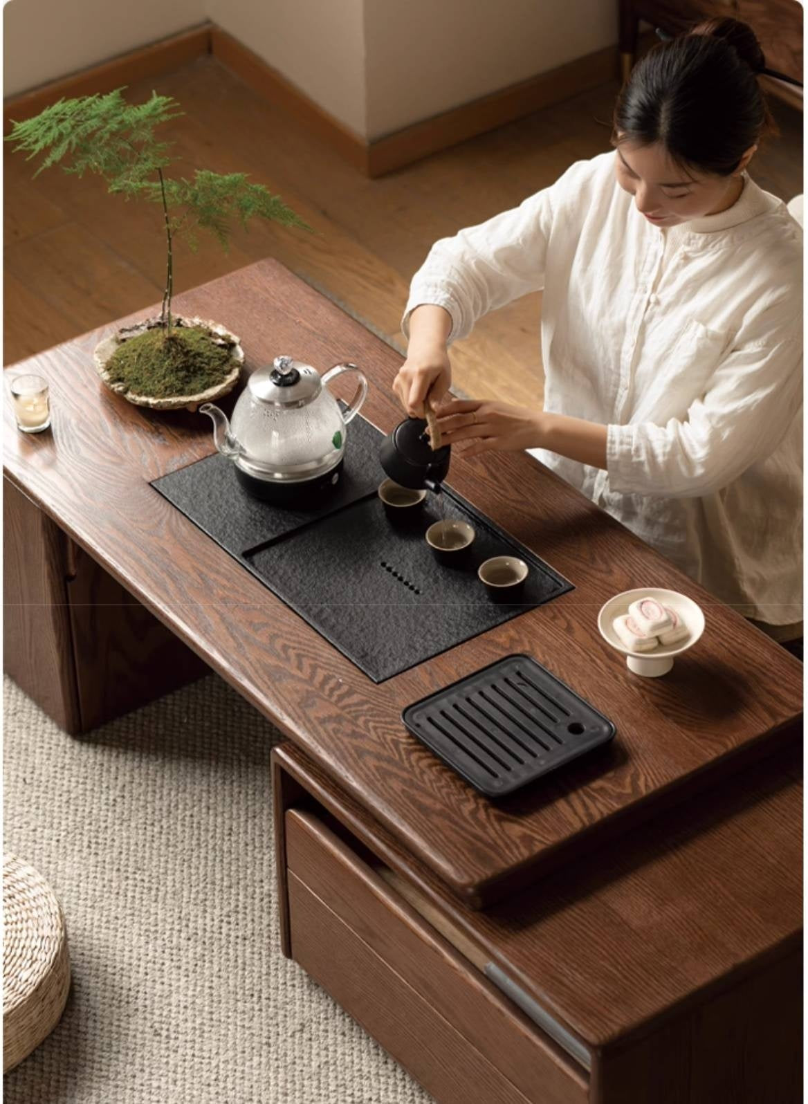 Oak, Black Walnut Solid Wood Telescopic Tea Table