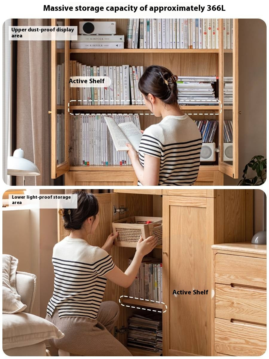 Oak, Rubberwood Solid Wood Bookcase With Glass Doors