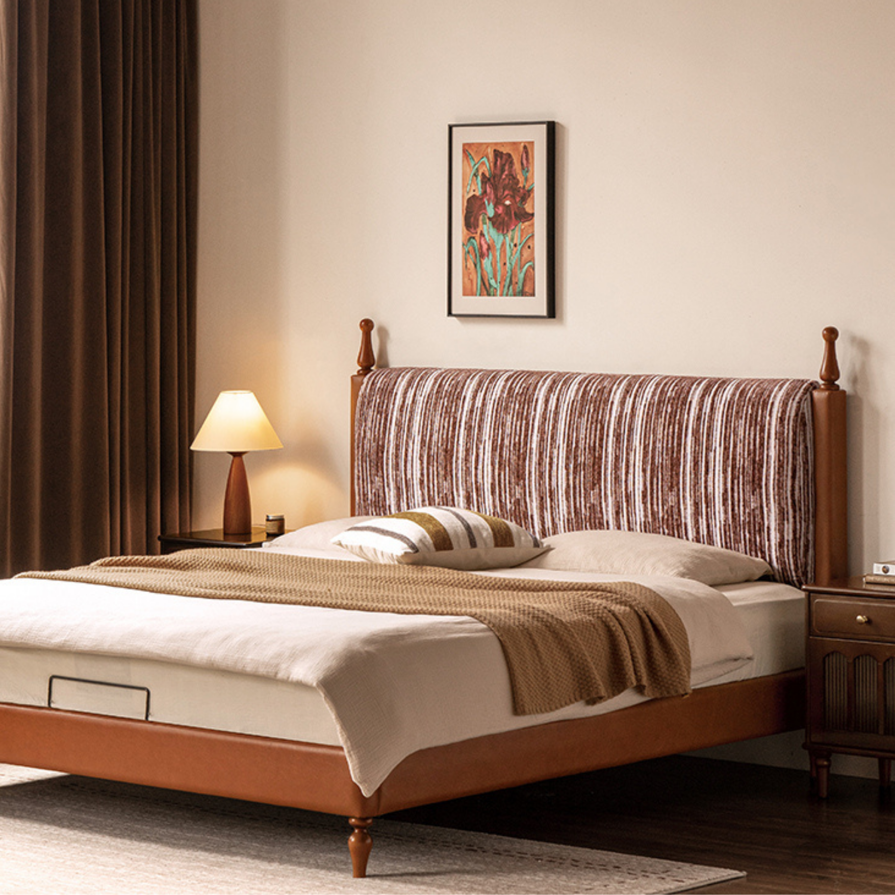 Ash Solid Wood Fabric Retro Edge Detachable Washable Soft Leaning Bed