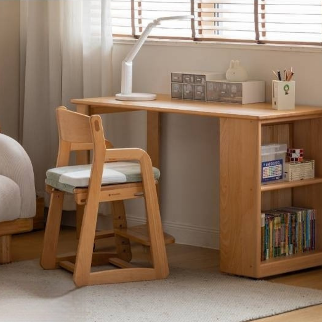Beech Solid Wood Children's Desk with Pulleys Movable Storage