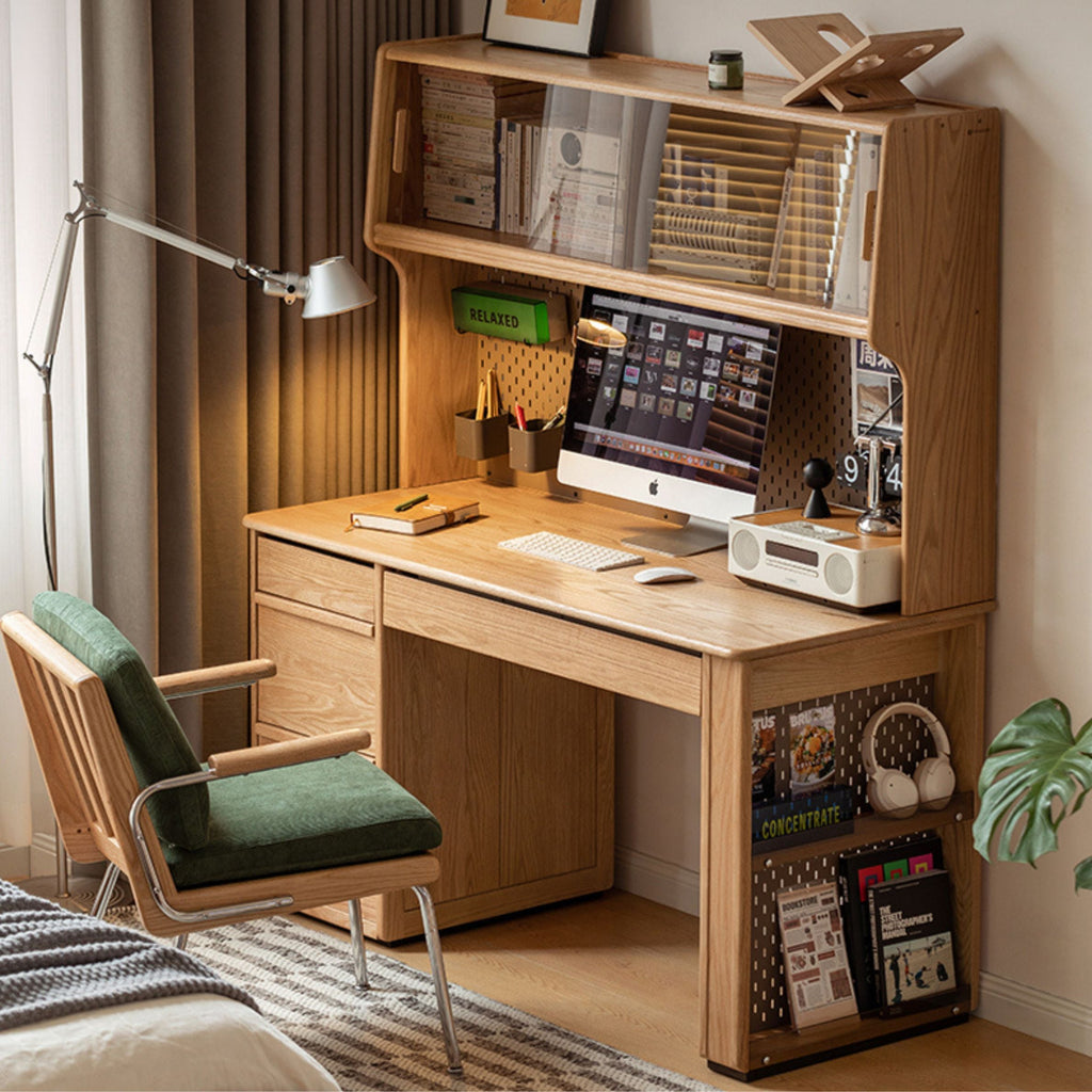 Oak Solid Wood Modern Computer Desk With Shelf