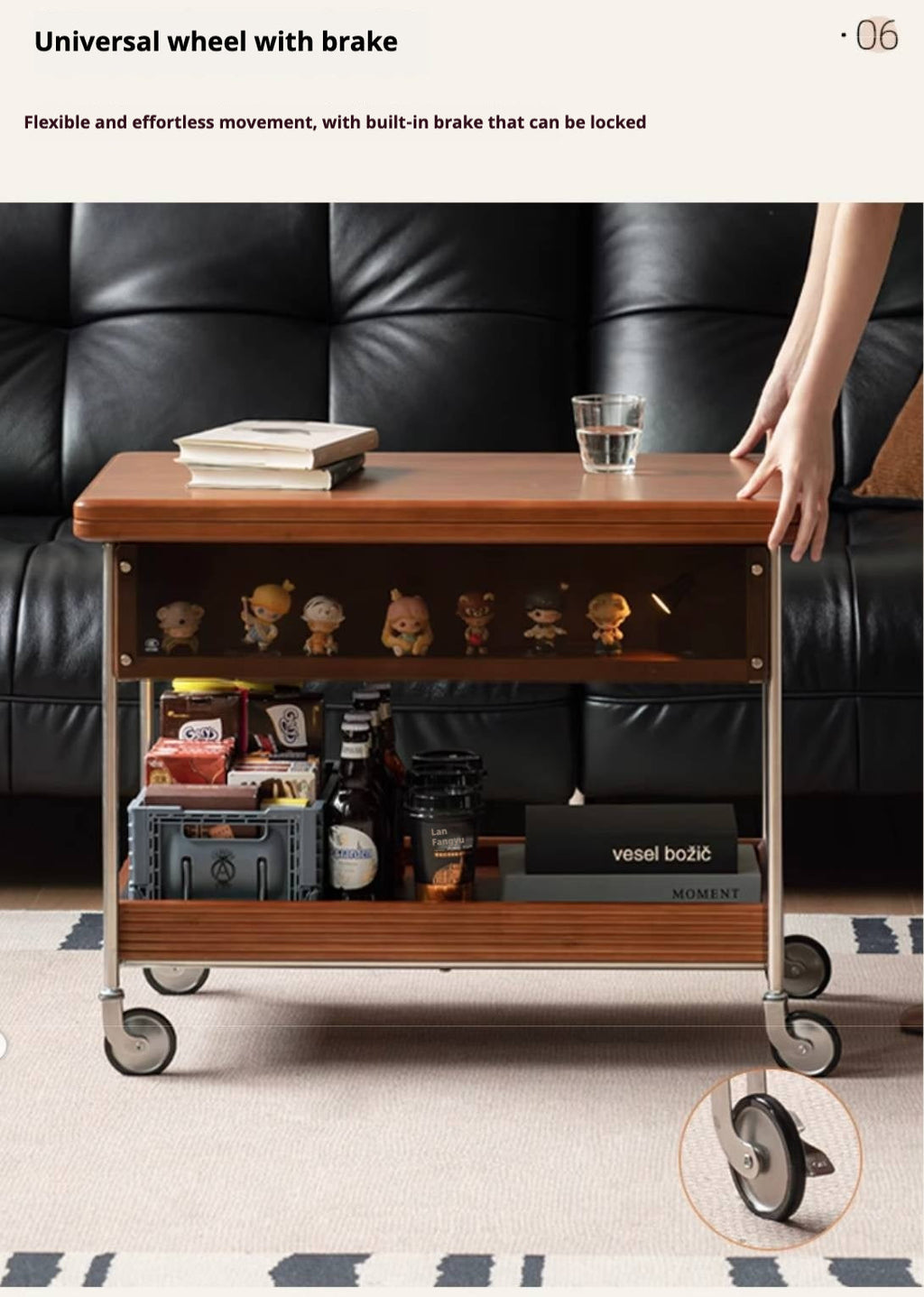 Poplar Solid Wood Middle Ancient Style Mobile Tea Table