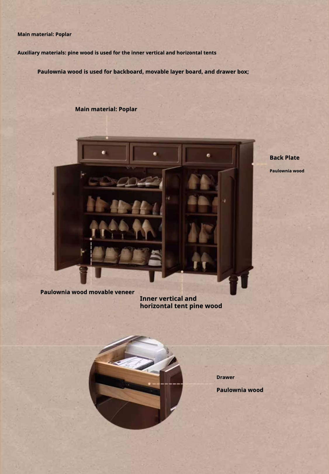 Poplar Solid Wood American Retro Shoe Cabinet