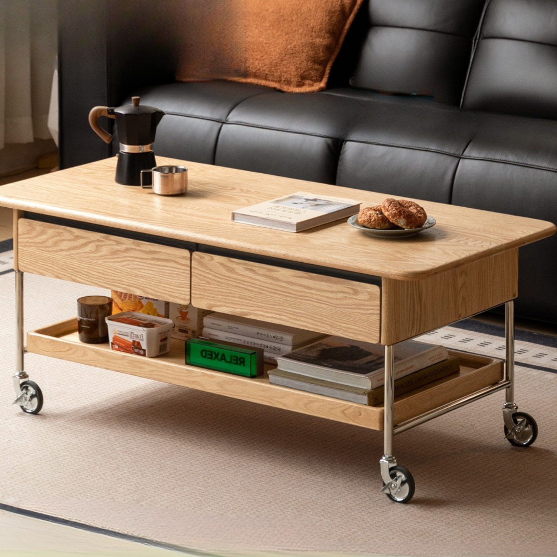 Oak Solid Wood Modern Mobile Coffee Table