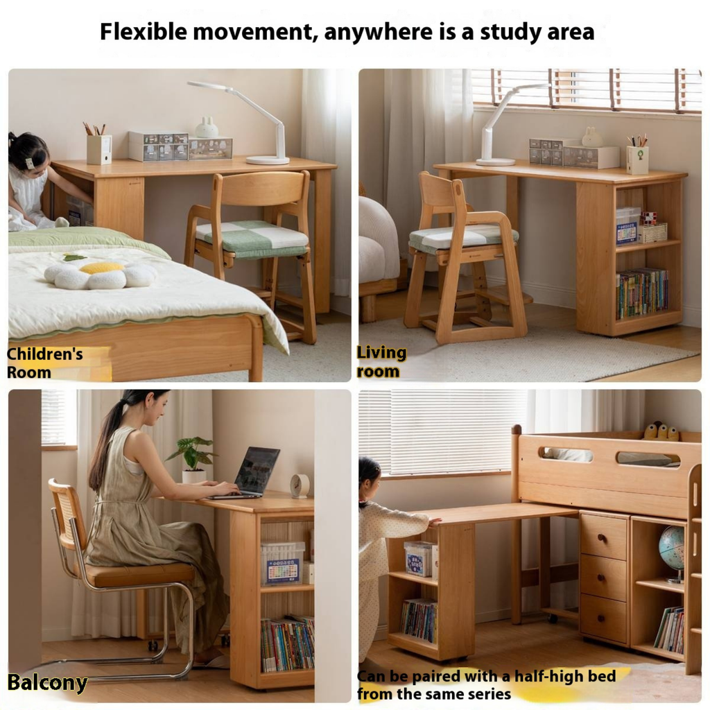 Beech Solid Wood Children's Desk with Pulleys Movable Storage