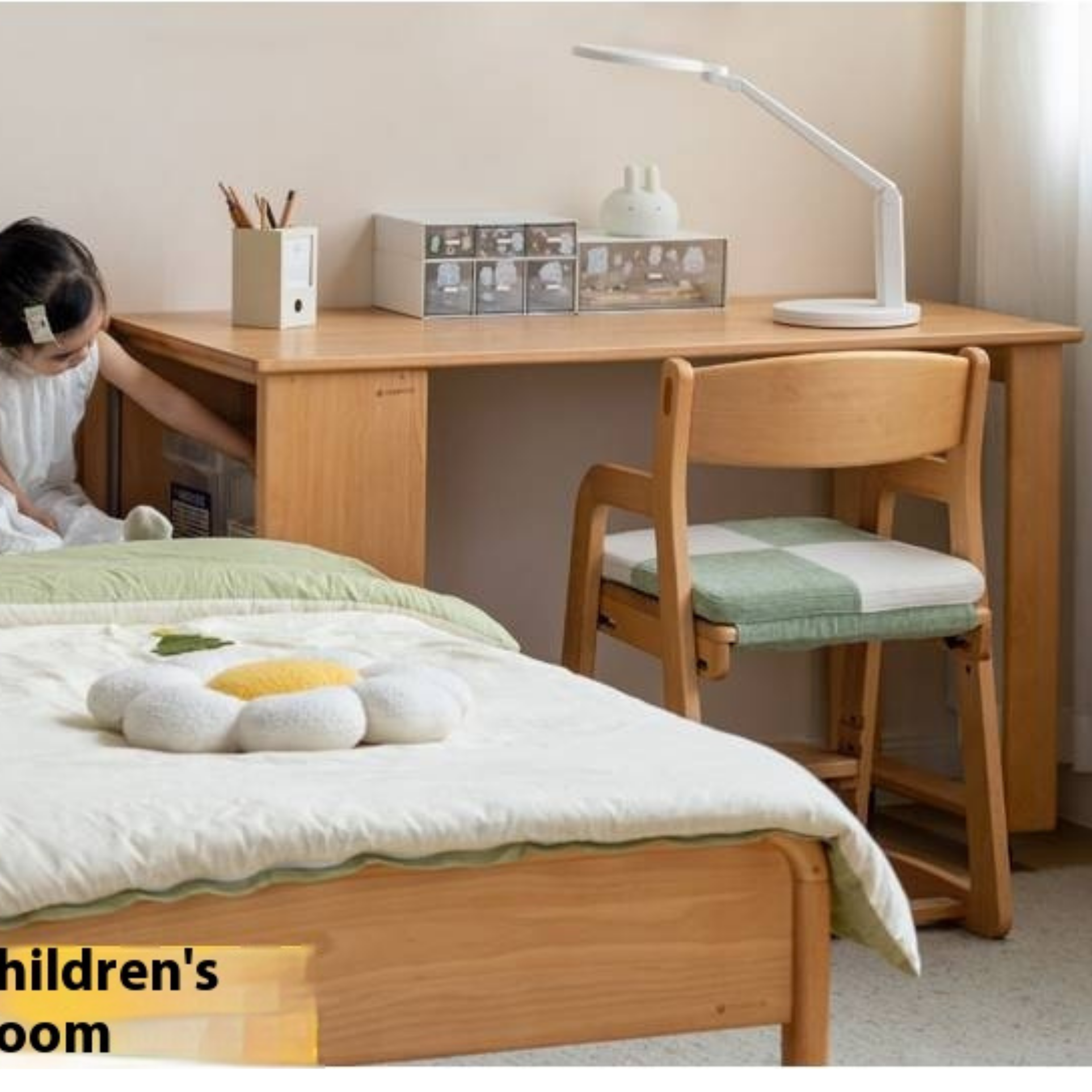 Beech Solid Wood Children's Desk with Pulleys Movable Storage