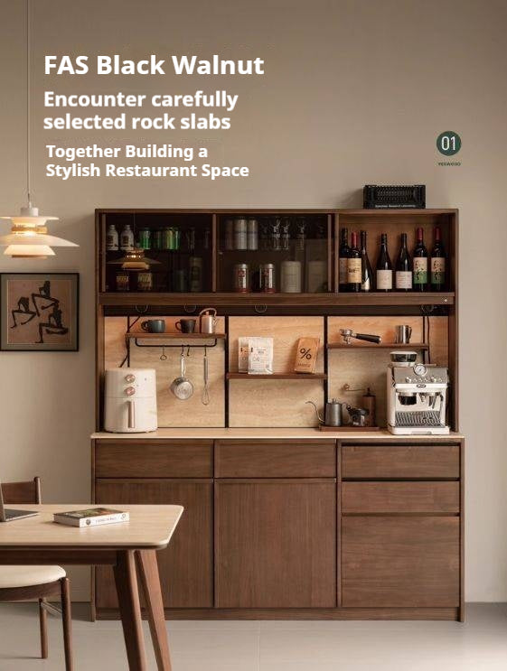 Black Walnut Solid Wood Dining Cabinet Antique Style Rock Board