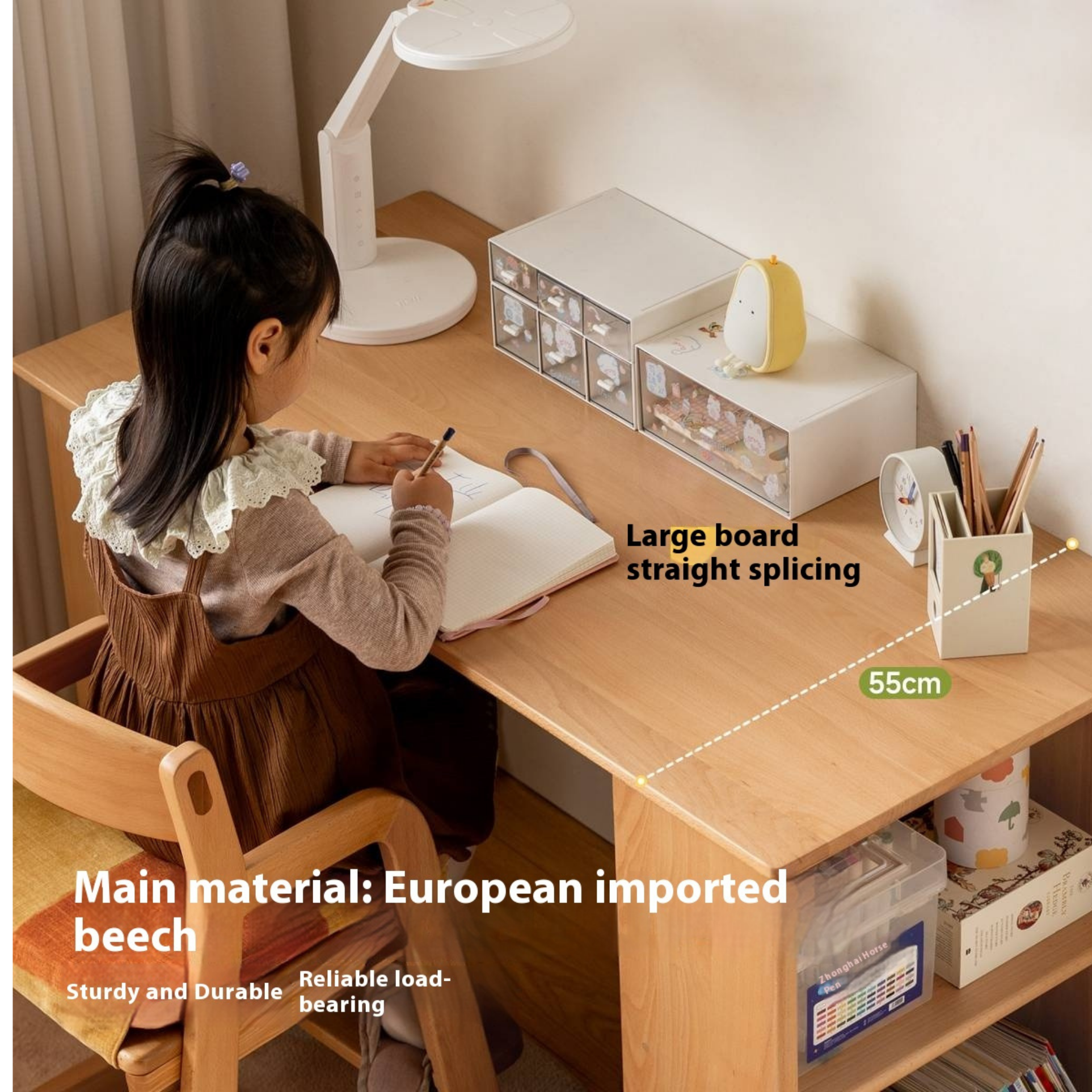 Beech Solid Wood Children's Desk with Pulleys Movable Storage