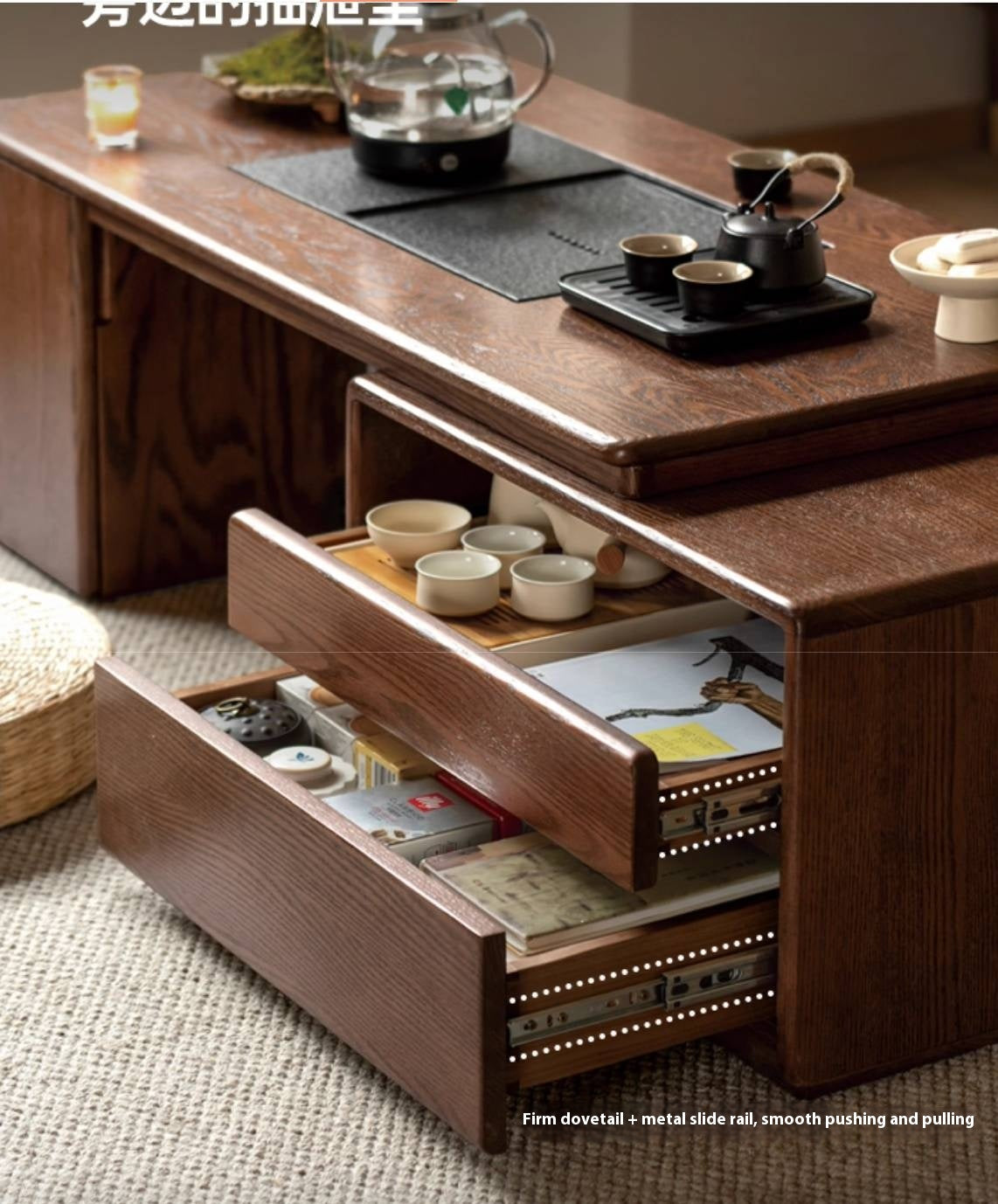 Oak, Black Walnut Solid Wood Telescopic Tea Table