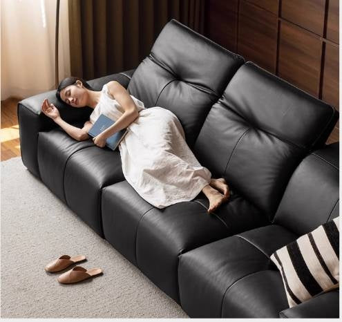 Leather Black High Back Straight Sofa