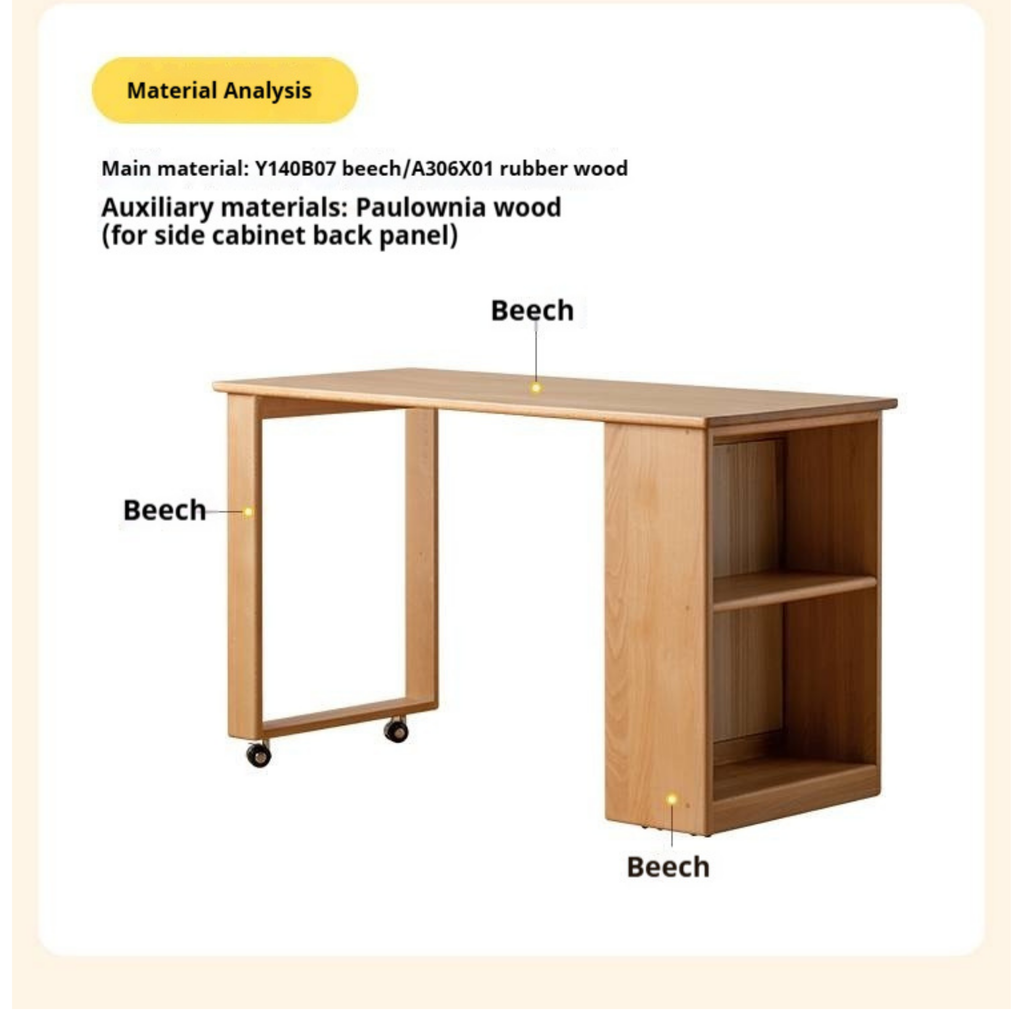 Beech Solid Wood Children's Desk with Pulleys Movable Storage